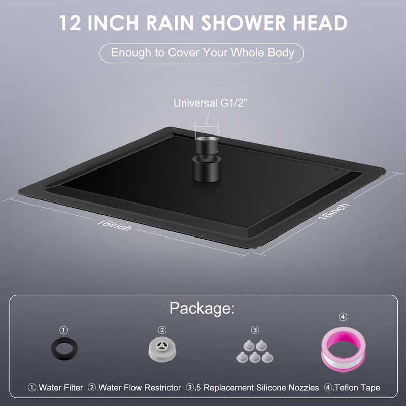 12 inch Matte Black Rain Shower Head - All Metal 304 Stainless Steel, Full Body Rainfall Shower with 144 Silicone Nozzles - Square Showerheads Ceiling or Wall Mount Modern Bathroom 12 Inch Square B-Matte Black