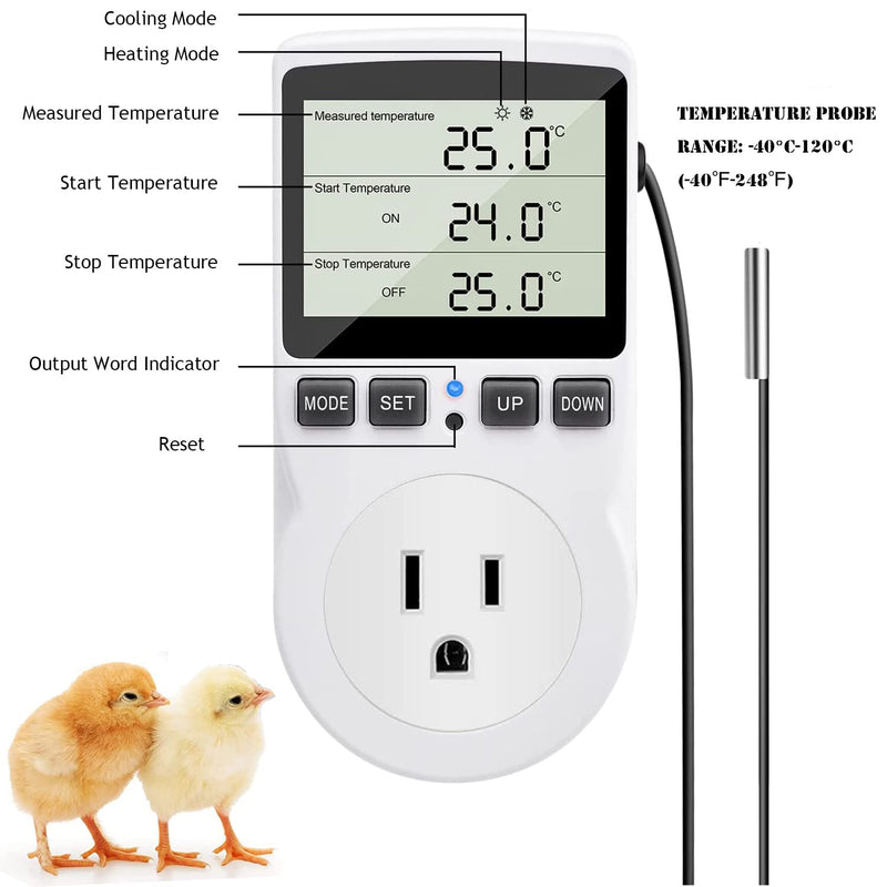 KABASI Digital Temperature Controller, LCD Screen Heating Cooling Reptile Thermostat with Sensor Probe for Snake, Lizard, Incubator, Brewing, Incubator, Greenhouse, Terrarium ℉/℃ 15A 1800W 120V Classics