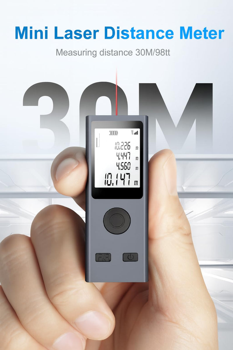 Rangefinder Laser Distance Measuring Device | 98ft Range | Digital Range Finder USB Rechargeable | ±0.078mm Accuracy, HD Backlit Portable Laser Tape | Handheld Smart Measure Device m/in/ft (30M/98ft)
