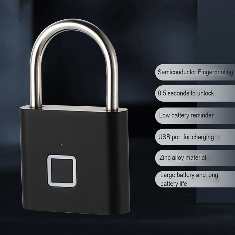 Fingerprint Padlock - Keyless Biometric Gate Locks for Outdoor Fence Storage Gym, Combination Lock USB Rechargeable Black Black with 20 Fingerprint