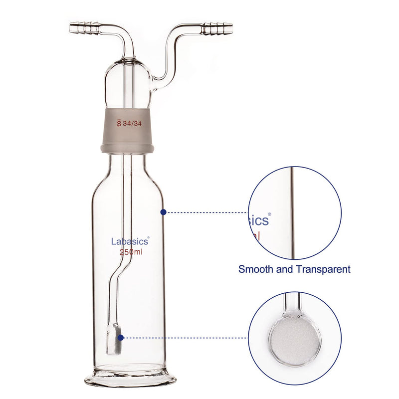 Labasics Gas Washing Bottle, Borosilicate Glass 34/34 Stopper Gas Bubbler Gas Washing Bottle with Fritted Disc and 10 mm OD Inlet/Outlet Hoses, 250 ml 8.5 Ounces