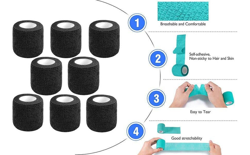 Self Adhesive Bandage Wrap,2 Inch Black Breathable Elastic Cohesive Bandages, Vet Wrap Sports Tape Bulk for First Aid Supplies, Wrist Sprains Protection Black Self Adhesive Bandage Wrap