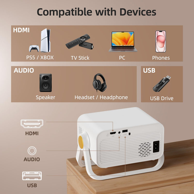 BKZ 2025 upgraded 360°Adjustable Dual Stand AI Auto Keystone Electric focus Mini Portable Projector with Bluetooth 5.4, 1080P support Outdoor and movie Projector compatible with HDMI/USB/Phone/PC