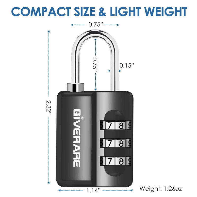 GIVERARE 4 Pack Combination Lock, 3-Digit Padlock Keyless, Resettable Luggage Locks for Backpack, Gym & School & Employee Locker, Weatherproof Travel Lock for Fence, Backyard Gate, Hasp, Case-Black Black