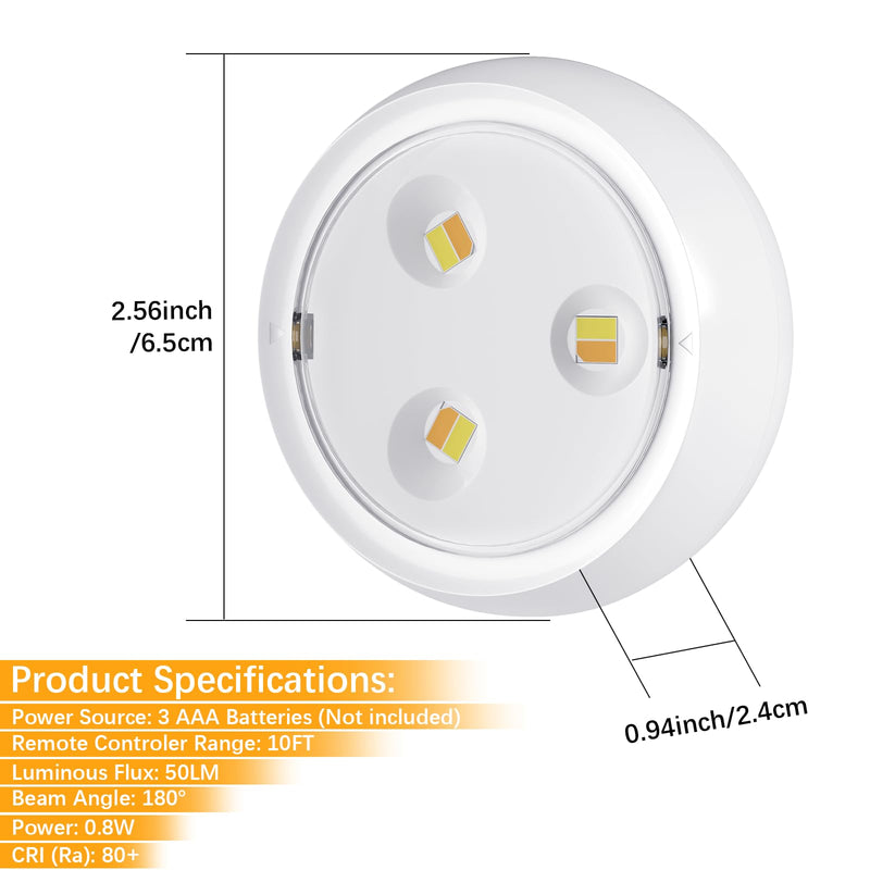 LED Puck Lights with Remote, 3 Color Light, Battery Operated Push Light Under Cabinet Light, Dimmable Tap Light, 50 Lumens, Stick On Closet Light White 3 Pack