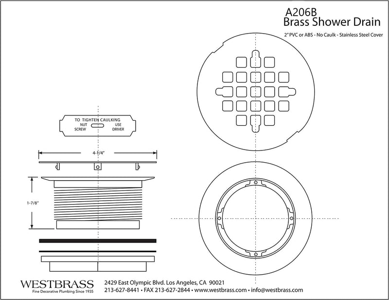 Westbrass A206B-62 2" No-Caulk Brass Compression Shower Drain with 4-1/4" Round Grid Cover, Matte Black