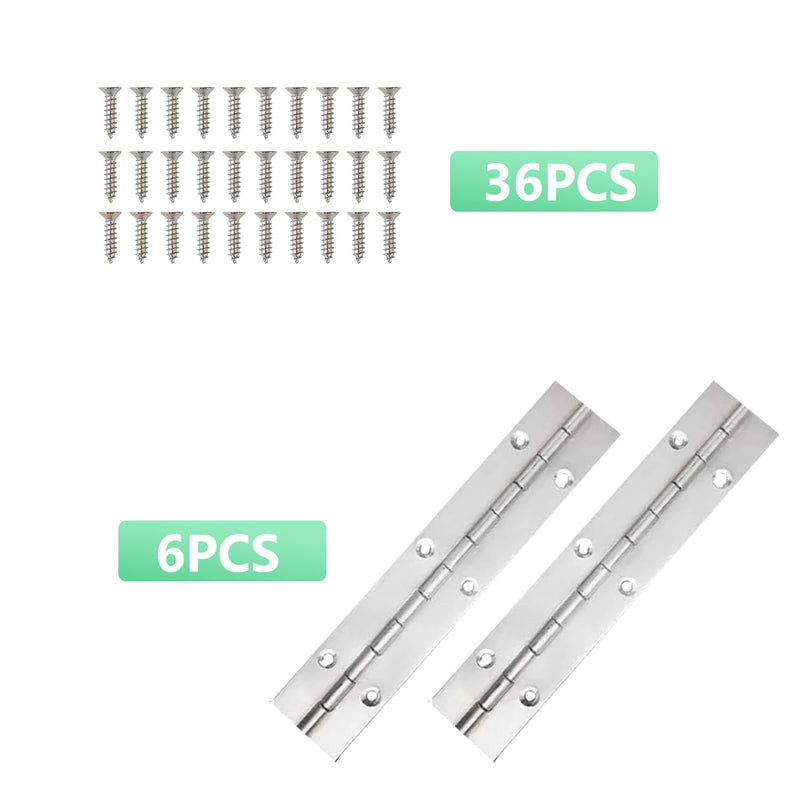 6Pack Silver Continuous & Piano Hinges 1.2" Open Width X 0.04" Thickness X 6'' Heavy Duty Piano Hinges with Hole Polished Stainless Furniture Hinges for Boats Cabinets Storage Box,36 Screw Included 6IN-6pcs-1.2in