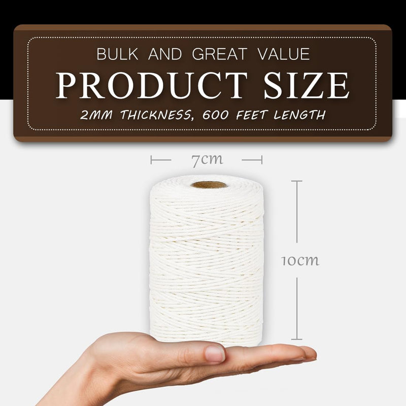 SMART&CASUAL 600 Feet 2mm Cotton Butcher Twine String Soft Food Safe for Cooking Craft Baker Kitchen Meat Turkey Sausage Roasting Gift Wrapping Gardening Crocheting Knitting Natural White