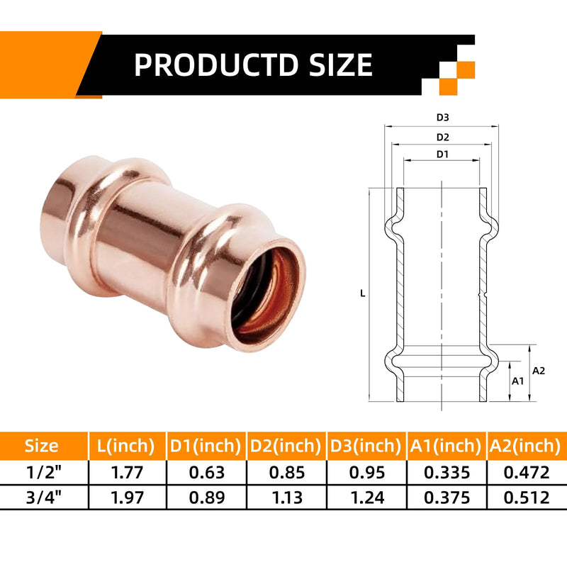3/4" Copper Press Coupling Fitting for Copper Pipes Repair 10 Pack 3/4"-10Pack