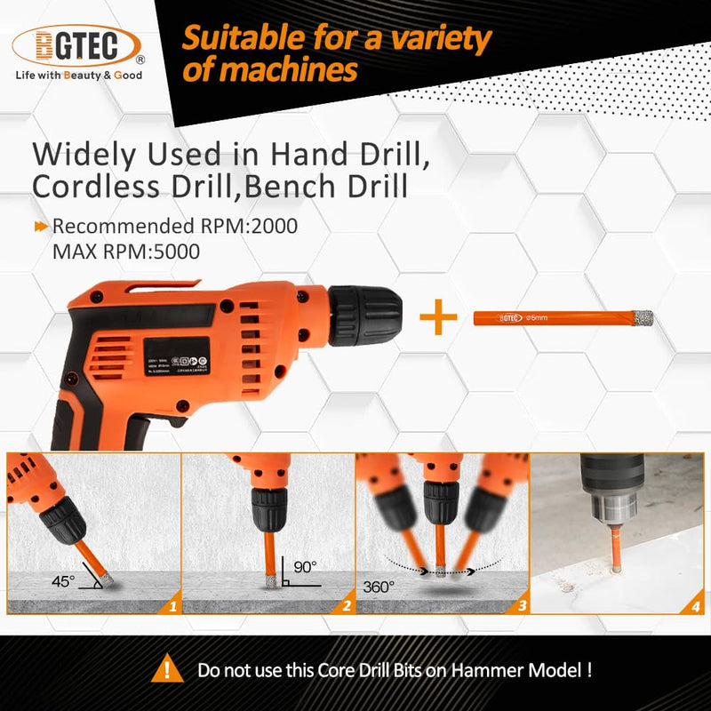 Dry Diamond Drill Bit Set,BGTEC 10pcs 1/4" 6mm Hole Saw for Granite,Marble,Masonry, Concrete, Tile/Ceramic, Glass, Hard plastic,Vacuum Brazed Diamond Core Drill Bit Kit