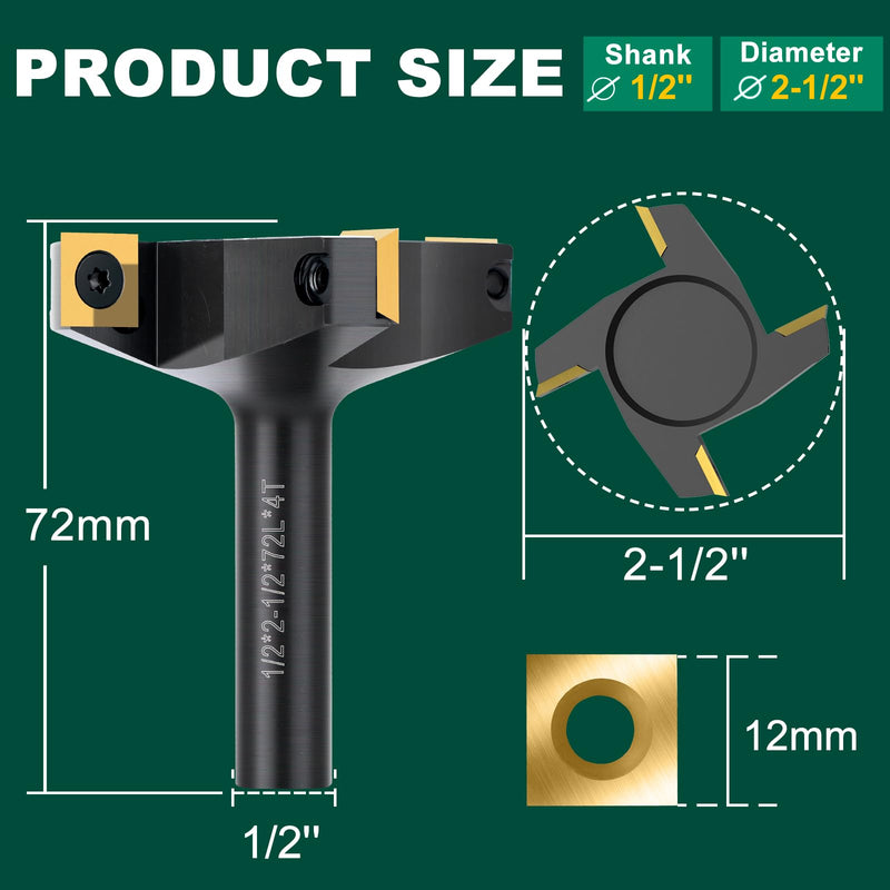 CNC Spoilboard Surfacing Router Bit 1/2'' Shank 2-1/2'' Diameter | 4 Wings Slab Flattening Router Bits with 12mm Titanium Coated Carbide Insert Wood Router Planing Bit Woodworking Tools TiN Coated 1/2" Shank-2-1/2" Cut Dia. (4 Inserts)