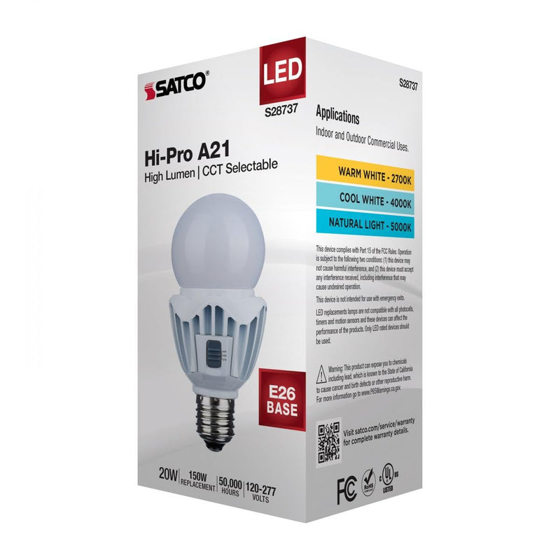 Satco 2 Pack 20 Watt LED A21 Light Bulbs S28737, High Lumen Output, 2700K/4000K/5000K CCT Selectable, E26 Medium Base, White Finish, 120V-277V, Ideal for Wide Areas, Commercial, Residential