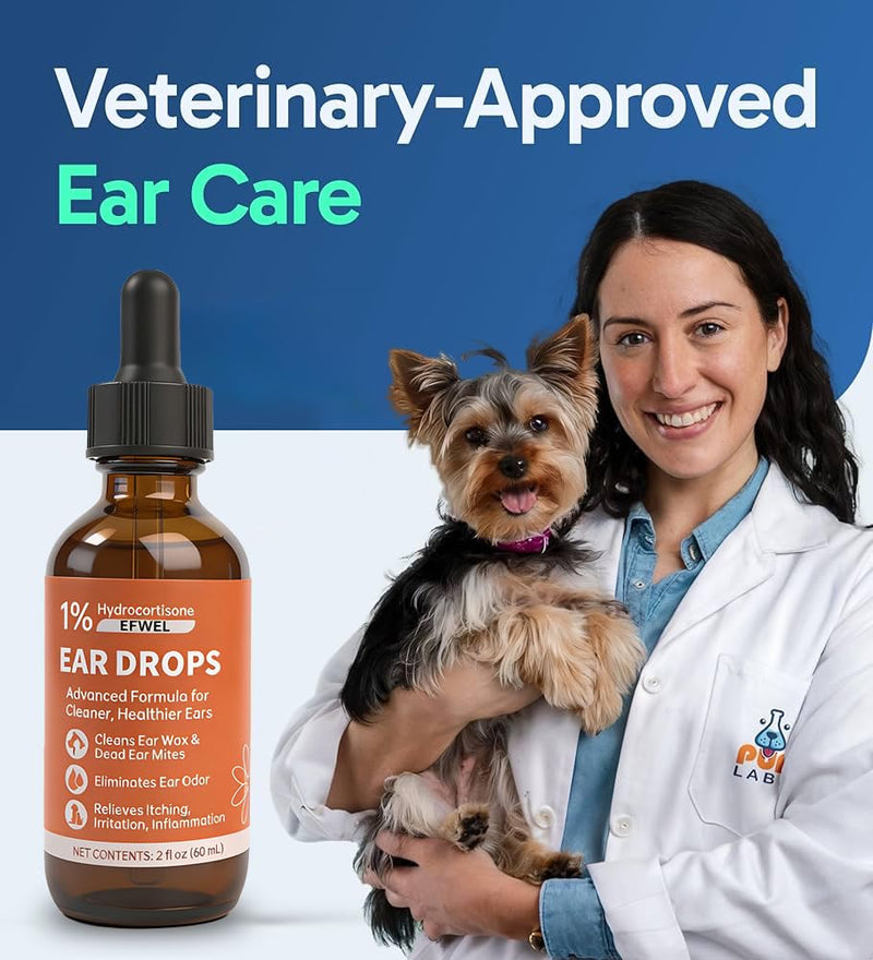Dog Ear Cleaner Drops with 1% Hydrocortisone, Natural Infection Treatment for Dogs and Cats, Yeast Infection and Itchy Ear Relief, 2 fl oz