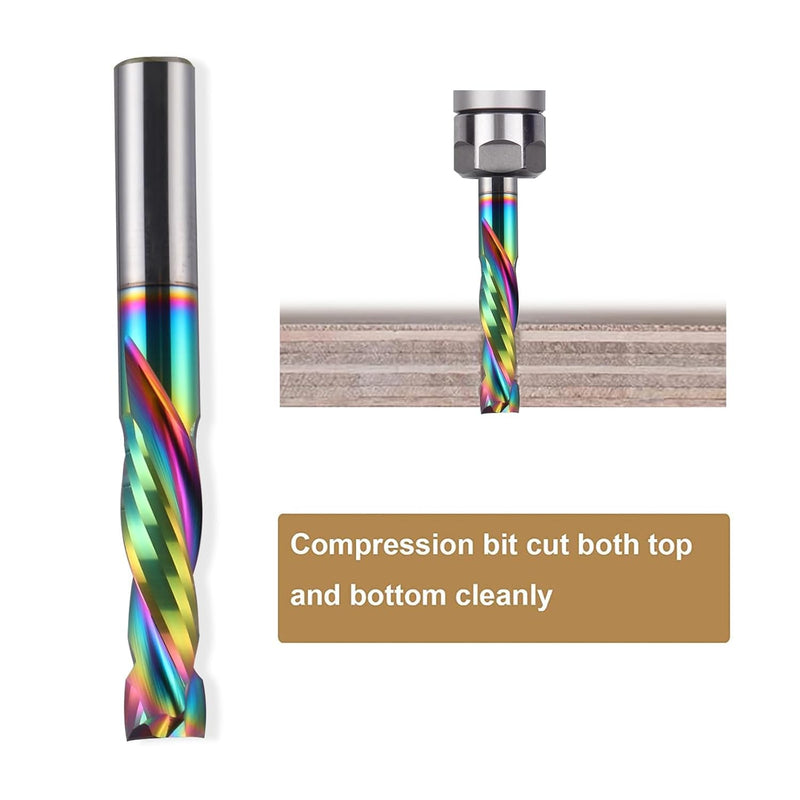 2PCS Solid Carbide Spiral Compression Router Bit 1/4" Cutting Diameter, 1" Cutting Length Up/Down Cut CNC DLC Coated End Mill for Wood Carving, Engraving, Grooving 6.35*25*50 2
