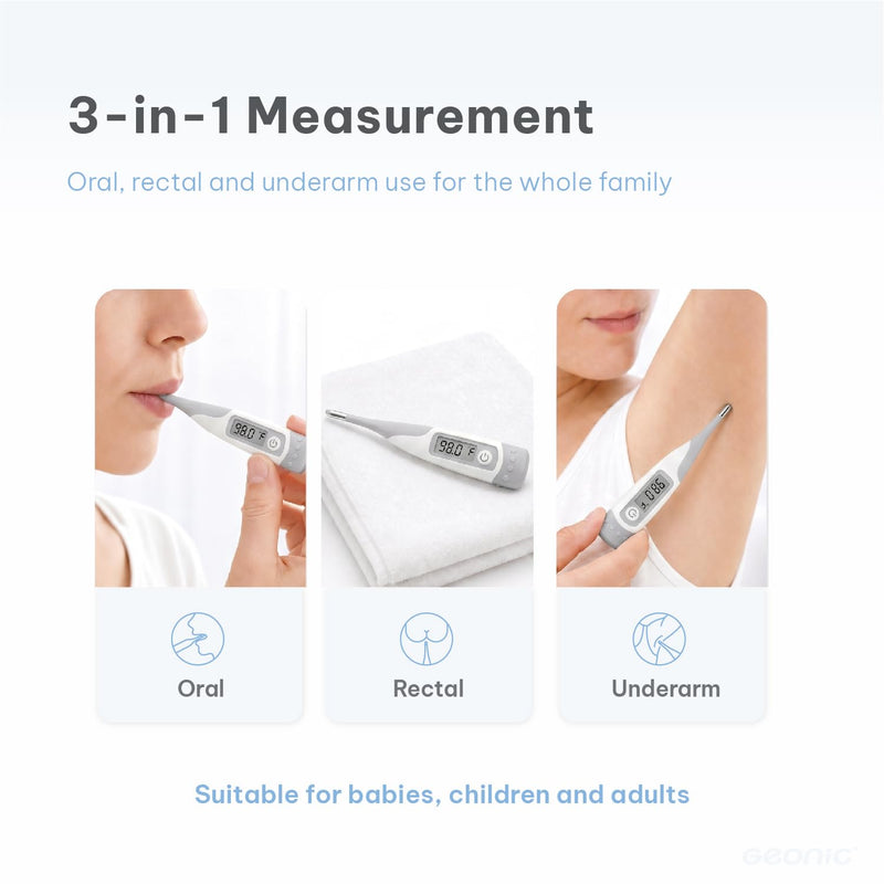 Flexible Tip Digital Thermometer for Adults & Kids, Fast 10-Second Reading, Waterproof, 3-in-1 Oral Rectal Underarm Use, Fever Alarm, White