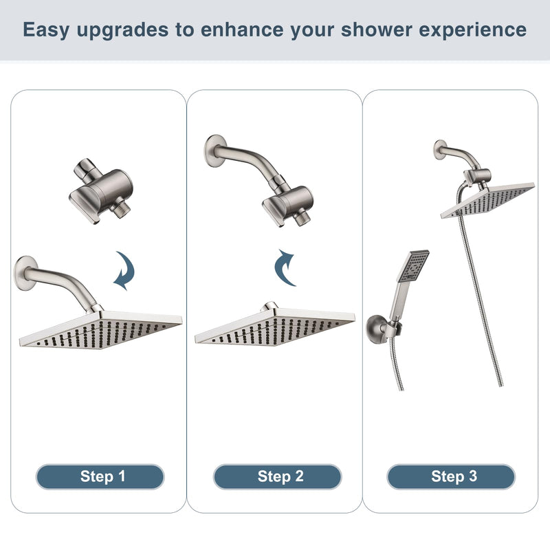 BRIGHT SHOWERS Shower Arm Diverter Valve for Hand held Showerhead and Fixed Spray Head, 3-Way Shower Head Diverter Valve, Brushed Nickel