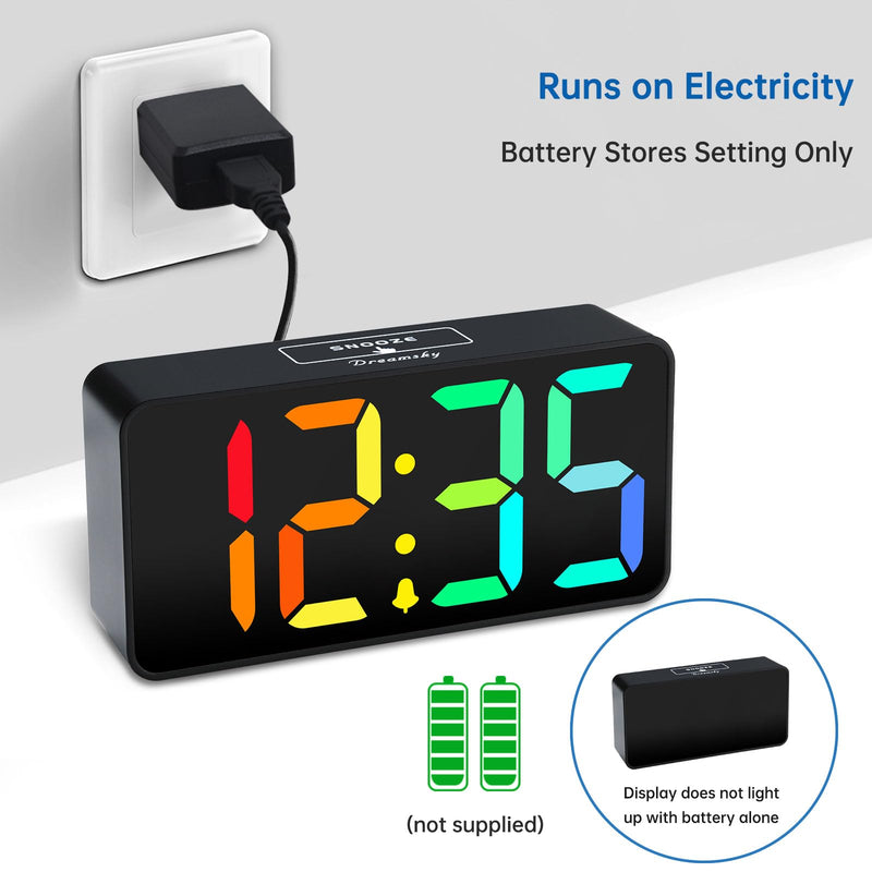 DreamSky Small Digital Alarm Clocks for Bedrooms - RGB Electric Alarm Clock for Kids Bedside Nightstand, Desk Clock with Large Numbers, Dimmer, Adjustable Alarm Volume, USB Port, USB-C Adapter Powered Black Case Rgb Digits