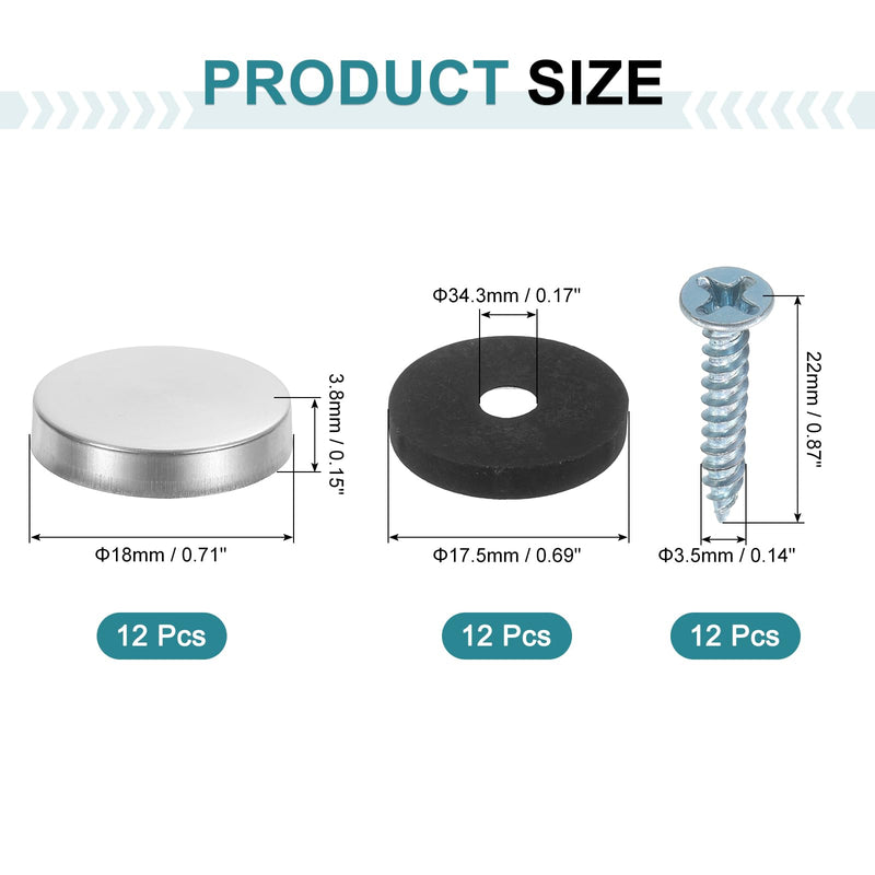 uxcell 12pcs Screw Covers Caps, 18mm Dia Stainless Steel Mirror Screws Decorative Cover Caps Nails Flat Gasket Mirror Screw Fasteners for Sign Advertising Hardware Construction, Silver