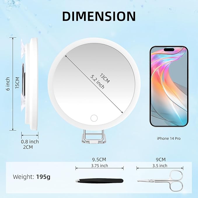 30X Magnifying Mirror with Lights, 30x Magnified Mirror with 3 Color Lights Adjustable Brightness, Rechargeable 6inch Travel Magnification with 3 Suction Cups - Includes Tweezers & Scissors White-30x 6"L x 6"W