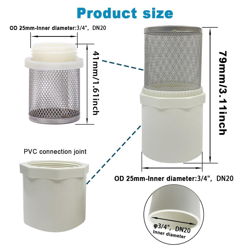 DN20 inch Stainless Steel Filter Cover Connected to 3/4" DN20 PVC Water Pipe, Suction Strainers Used to Remove Debris and Reduce Solid Entry