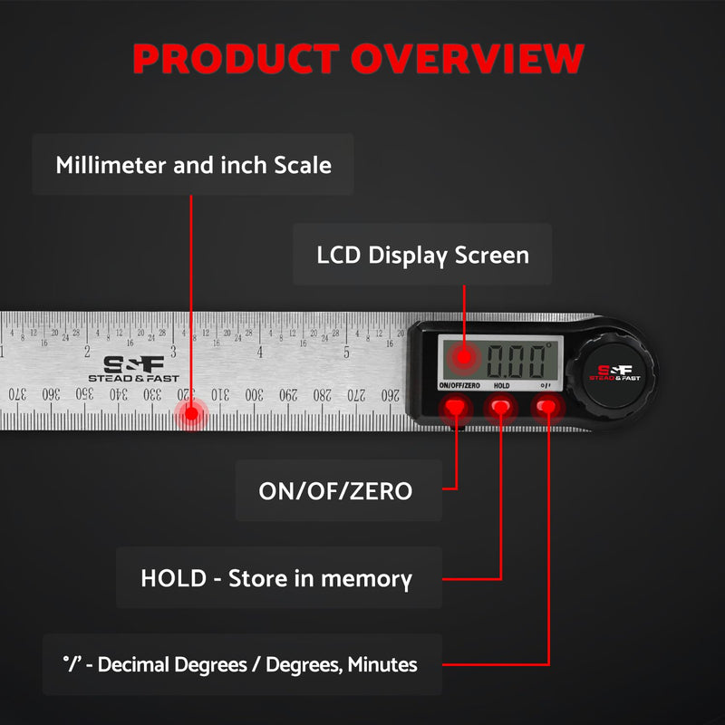 Digital Angle Finder Tool for Woodworking 7 inch / 200 mm, Stainless Steel with Case, Digital Protractor Angle Finder for Measurement by S&F STEAD & FAST Digital Angle Ruler 7 Inch