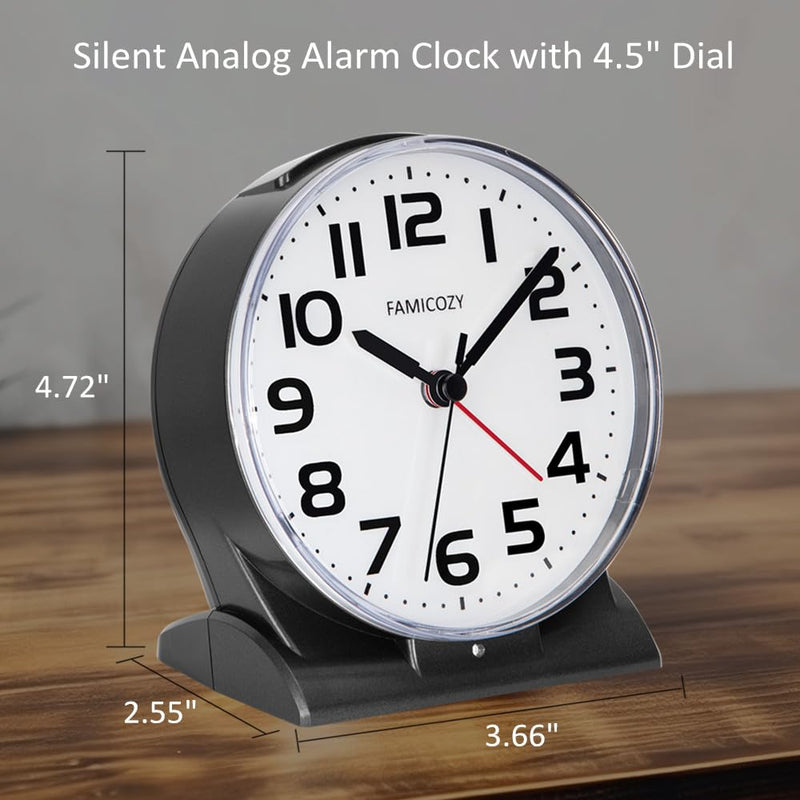 FAMICOZY Automatically Backlighted Alarm Clock,Silent No Ticking for Seniors Vision Impaired,Easy to Set,Big Numbers,Ascending Alarm,Gentle Wake,Snooze,2 AA Battery Operated,Black Black