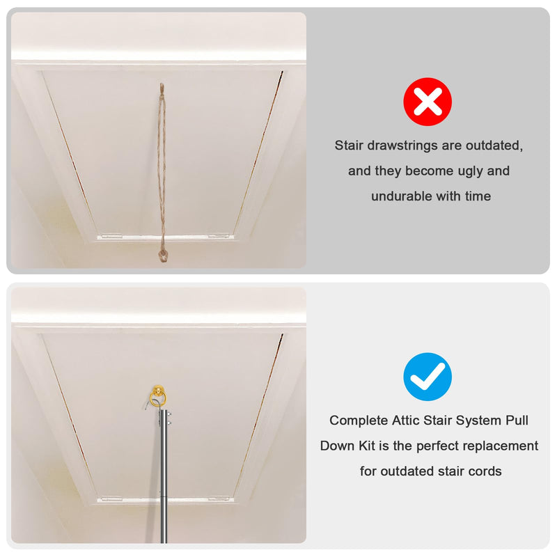 Complete Ladder Pull Down System Kit, Attic Stair Pull Kit, Includes 1 Attic Extension Rod up to 40 Inches and 1 Storage Hook.