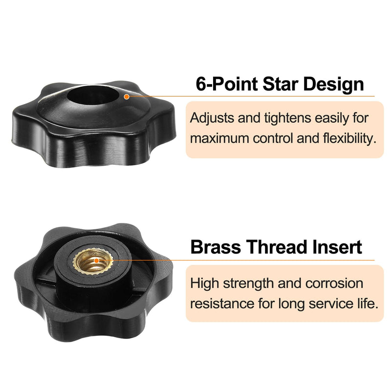 HARFINGTON 6pcs Star Knobs 1/4-20 Female Thread 1.26" (32mm) 6-Point Plastic Head Brass Insert Through Hole Screw-in Threaded Hand Knob Clamping Handle, Black 1/4-20 x 1.26"