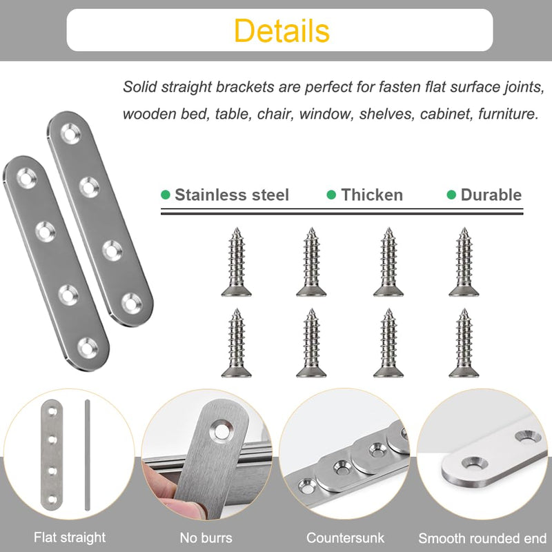 24 Pack Straight Brace Brackets 3 Inch Stainless Steel Flat Mending Plates, Heavy Duty Repair Fixing Joining Brackets for Wood Furniture with Screws 3"/ 80mm (24Pcs)