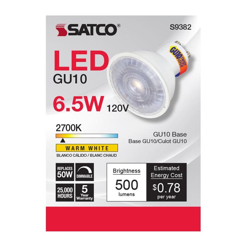 Satco S9382-6.5 Watt MR16 LED Reflector Light Bulb; 2700K Warm White; 500 Lumen; 40 Deg. Beam Angle; GU10 Bi-Pin Base; Dimmable, 120 Volt (6 Bulbs)