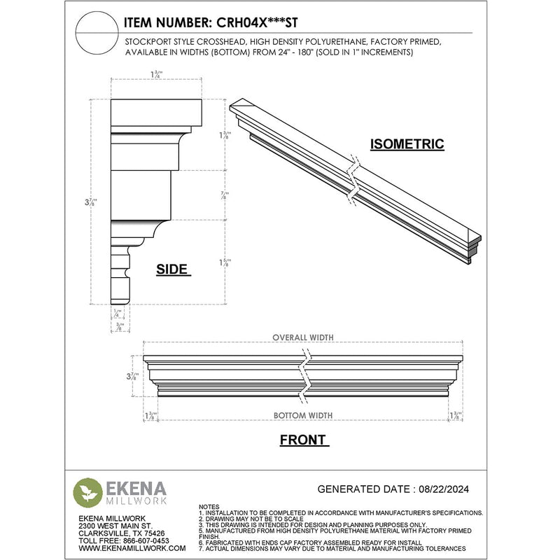 Endurathane Stockport Crosshead, 103" Bottom Width x 105 1/2" Top Width x 3 7/8"H x 1/4"P, Factory Primed 103-in. W