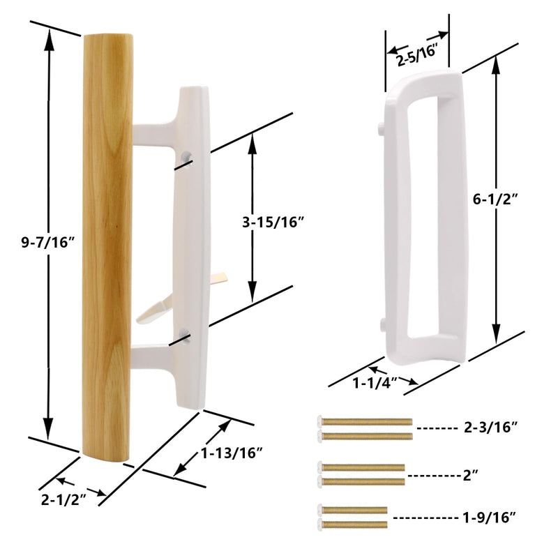 Sliding Glass Patio Door Handle Replacement Set with Oak Wood Inside Handles and Zinc Diecast Outside Pull, 3-15/16" Hole Spacing, Non-Handed, White White Handles Only
