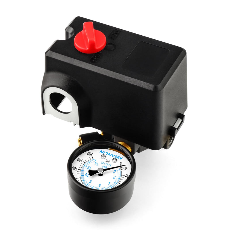 MEANLIN MEASURE Air Compressor Pressure Switch Control Valve 120-155 PSI 110V-240V 4-way Lateral Port Replacement Parts With 0-200 Psi Pressure gauge and Safety Pressure Relief Valve Basic Model