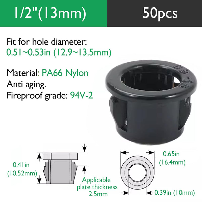 1/2"(13mm) Black Snap-in Knockout Insulating Bushing Grommets, Plastic Cable Hole Grommets for Wiring, Round Nylon Snap in Locking Electrical Wire Cord Hose & Tubing Bushings Grommets, 50pcs SB-13, 1/2"