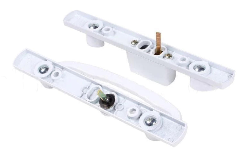 8.5" Legacy Sliding Patio Glass Door Offset Latch White Handle Set with Keys - Sash Controls 2265 Keyed Lock - Fits 3-15/16" Screw Hole Spacing and 1-1/4" to 2-1/4" Door Thickness