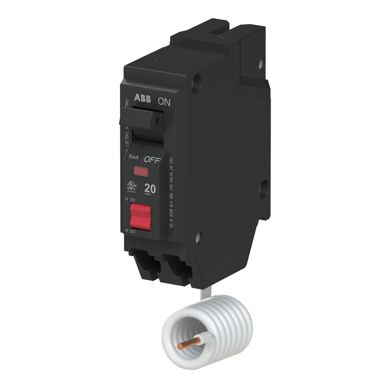 ABB Q-Line® THQL1120GFT Ground Fault Circuit Breaker • 20 Amp Single-Pole Breaker • GFCI Protection • 120/240 VAC • 10 kAIC Interrupt Rating • Plug-On Pigtail Breaker for Load Centers
