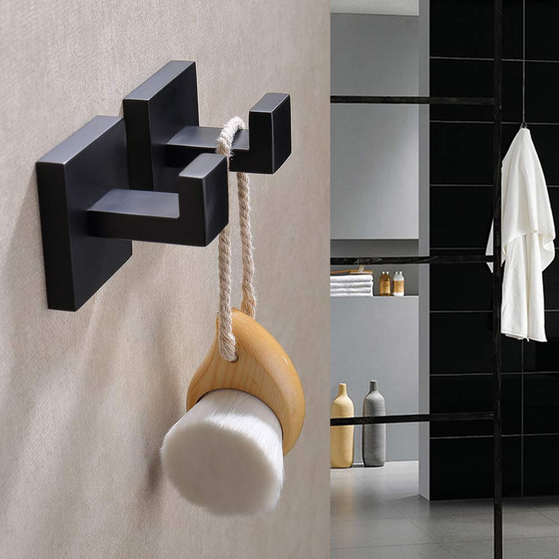 TASTOS Bath Towel Hooks Matte Black, 2 Pack Stainless Steel Robe Coat and Clothes Hook, Heavy Duty Wall Hook for Bathroom & Kitchen, Modern Square Style Wall Mounted (Black) Square Size