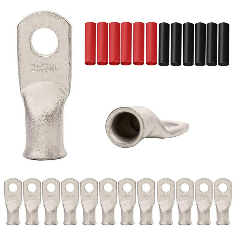 12PCS 2x5/16 Tinned Copper Ring Terminal Connectors 2 AWG Heavy Duty Battery Cable Ends Bare Copper Lugs with 12 PCS 3:1 Heat Shrink Tubing for Vehicle Boat Marine Use 2AWGx5/16"Ring