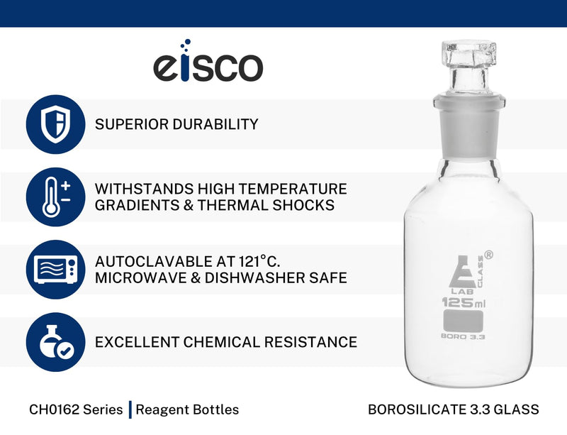 EISCO Reagent Bottle, Borosilicate Glass, Narrow Mouth with Interchangeable Hexagonal hollow glass Stopper - 500ml Labs