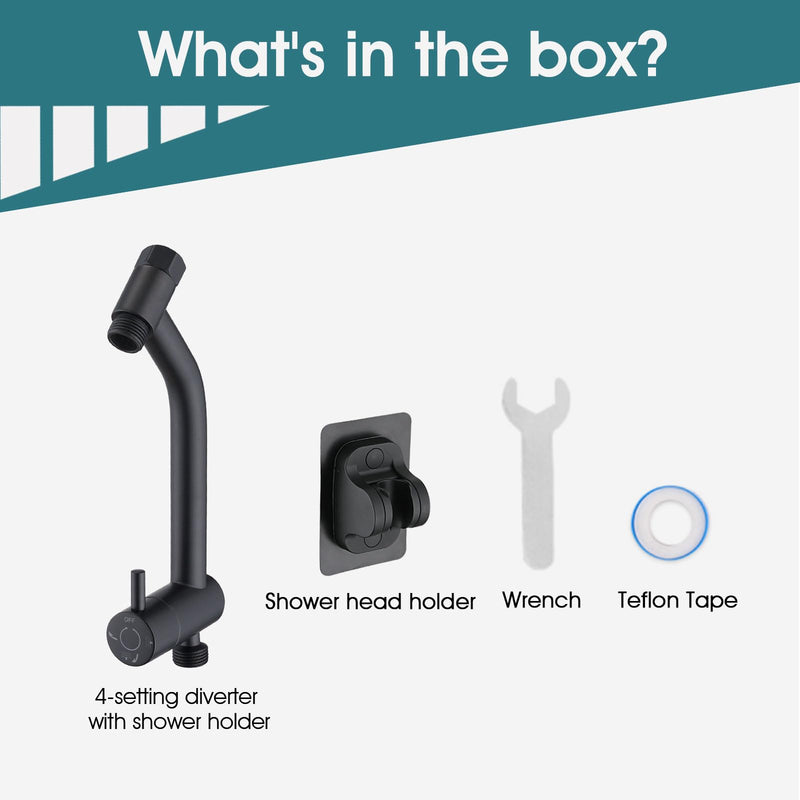 PDPBath Brass Shower Arm Diverter with Adhesive Handheld Holder for Easy Reach, Upgrade Low 3-Way Diverter with Pause Setting, G1/2 Universal Connection - Matte Black