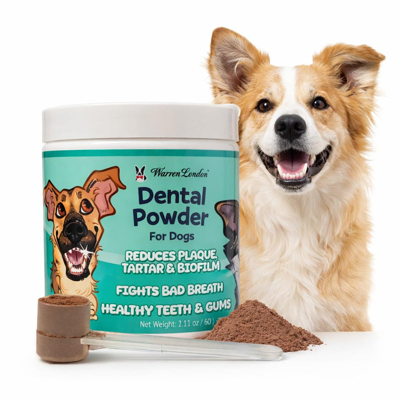 Warren London Premium Dental Powder for Dogs – Fresh Breath & Tartar Support with Kelp Astaxanthin Green Tea & Mint – Daily Oral Care Supplement for Teeth & Gums – Made in USA 60g