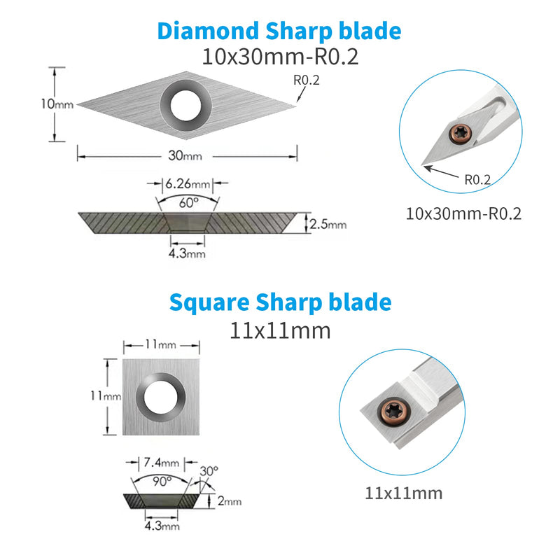 18 Pieces Tungsten Carbide Cutters Inserts Set for Wood Lathe Turning Tools Include 11 mm Square with Radius, 12 mm and 8.9 mm Round, 30 x 10 mm Diamond with Pointed Point,6 Pieces screws.