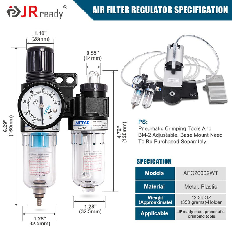 JRready Pneumatic Crimping Machine Accessory Tool, AFC20002WT Air Compressor Regulator with Gauge 1/4" Air Pressure Regulator Water Separator for Air Compressor Pneumatic Crimping Tools