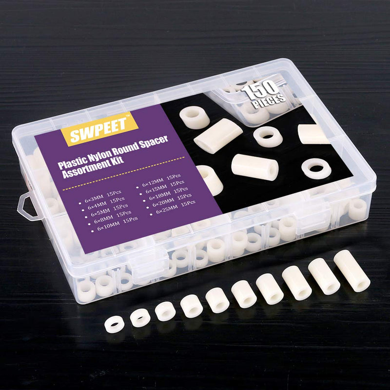Swpeet 150Pcs Nylon Round Spacer Standoff Screw Nut Assortment Kit, Nylon PA66 Plastic Standoff OD 11mm and ID 6.2mm Length 3mm 4mm 5mm 8mm 10mm 12mm 15mm 18mm 20mm 25mm for M6 Screws Prototyping
