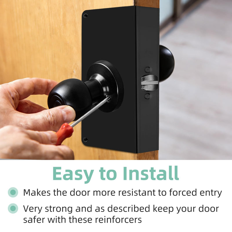 Door Lock Reinforcement Plate U 9585 1-3/8 inch x 9 inch Thick Stainless Steel and U 9476 Maximum Security Latch Strike (1-1/4 in. x 7-7/8 in.) Black