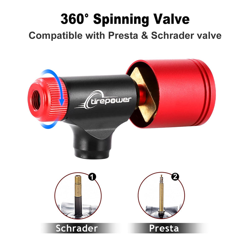 CO2 Bike Tire Inflator - Push-Button Presta & Schrader Compatible CO2 Bike Pump or 12X 16g Threaded CO2 Cartridges for Road Bikes, MTB, Hybrid Bikes With Pressure Gauge