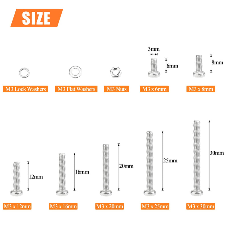 540 Pieces M3 x 6mm /8mm /12mm /16mm /20mm /25mm /30mm, Phillips Pan Head Machine Screws, Metric Screws Bolts Washers Nuts Kit, 304 Stainless Steel