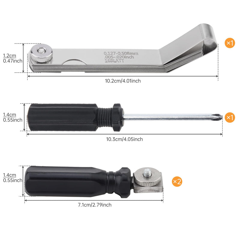 Offset Valve Tappet Gauge Set, 16-Blades Feeler Gauge with Two Handles (0.005" - 0.020 inch/0.127mm - 0.508 mm Dual Size) & Screwdriver