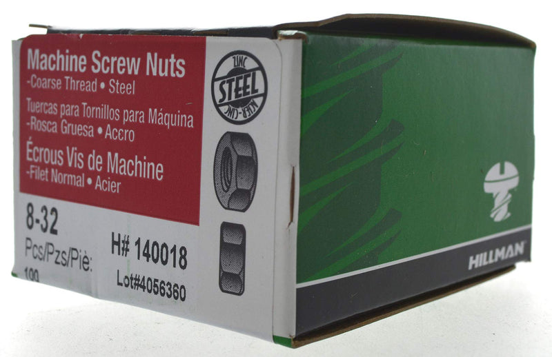 Hillman 140018 Hex Machine Screw Nuts, 8-32, Zinc, 100 Piece