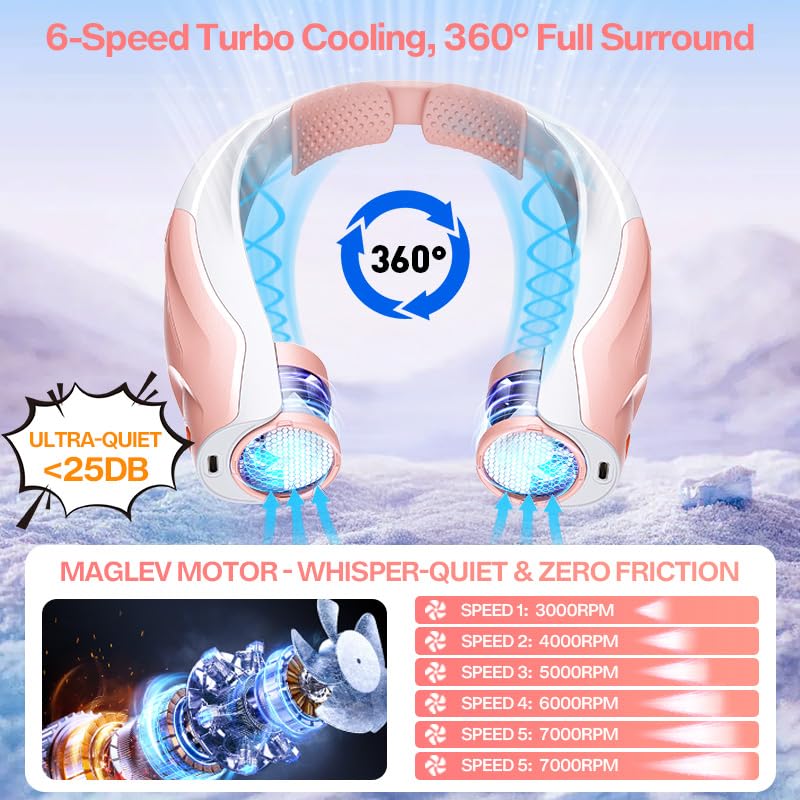 Portable Neck Fan for Girl: No Hair Twisting, Lightweight Personal Fan with 6000mAh Battery Air Volume, 6 Speeds - Rechargeable Wearable Air Conditioner for Girlfriend, Sister (Pink) Pink